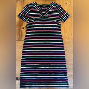 Talbots NEW Striped Bow Shift Dress XS 100% Cotton Short Sleeves Navy Blue Pink